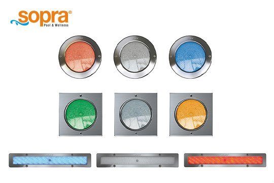 Mit sopra Unterwasserscheinwerfern den Pool beleuchten! sopra LED/RGB-Scheinwerfer in unterschiedlichen Ausführungen: eckig oder rund.