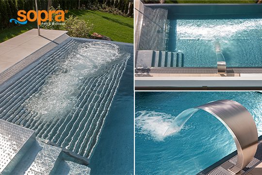 Danke der smarten Lösung von sopra lassen sich - bei Einsicht auf den Pool - auch die Wasserattraktionen fernsteuern! Eine Collage, die drei Bilder zeigt: Pool mit Luftsprudelliege, Nackenschwalldusche am Beckenrand und eine Luftaufnahme dieses Pools.