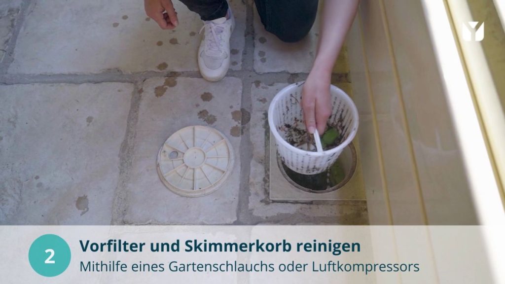 Grünes Poolwasser Algen im Pool Vorfilter und Skimmerkorb reinigen