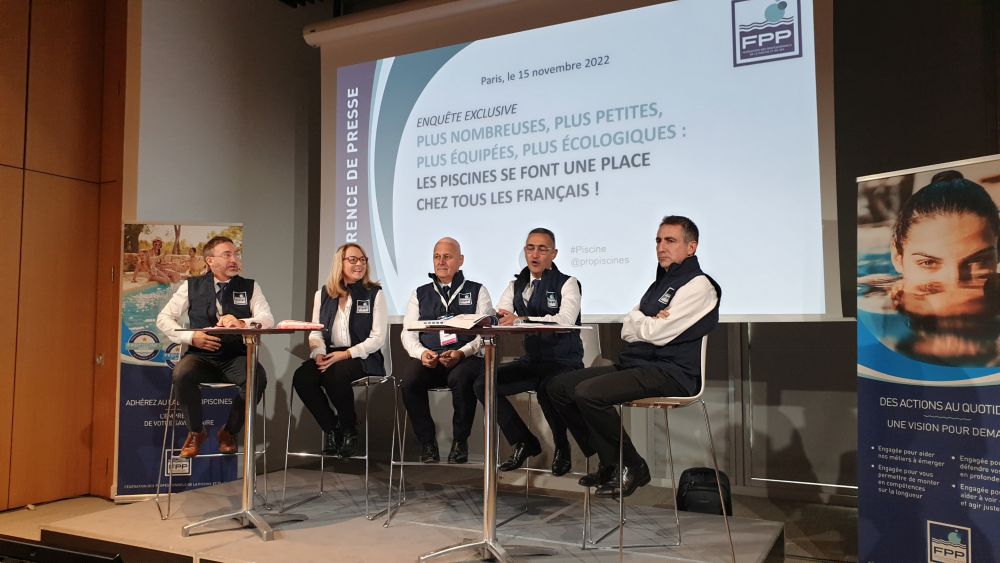 Französischer Schwimmbadverband FPP, Stéphane Figueroa (Präsident der FPP), Gilles Mouchiroud (Vizepräsident der FPP), Joëlle Pulinx (Generalsekretärin der FPP), Nicolas Osanno und Frédéric Marmande (Verwaltungsratsmitglieder der FPP)